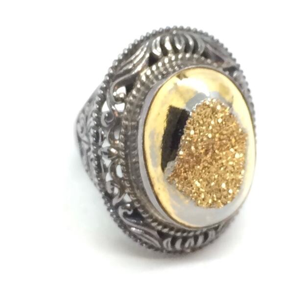 🌹 Vintage Heavy Gold Druzy Stone 925 Sterling Silver Chunky Oxidized Ring - Picture 4 of 11